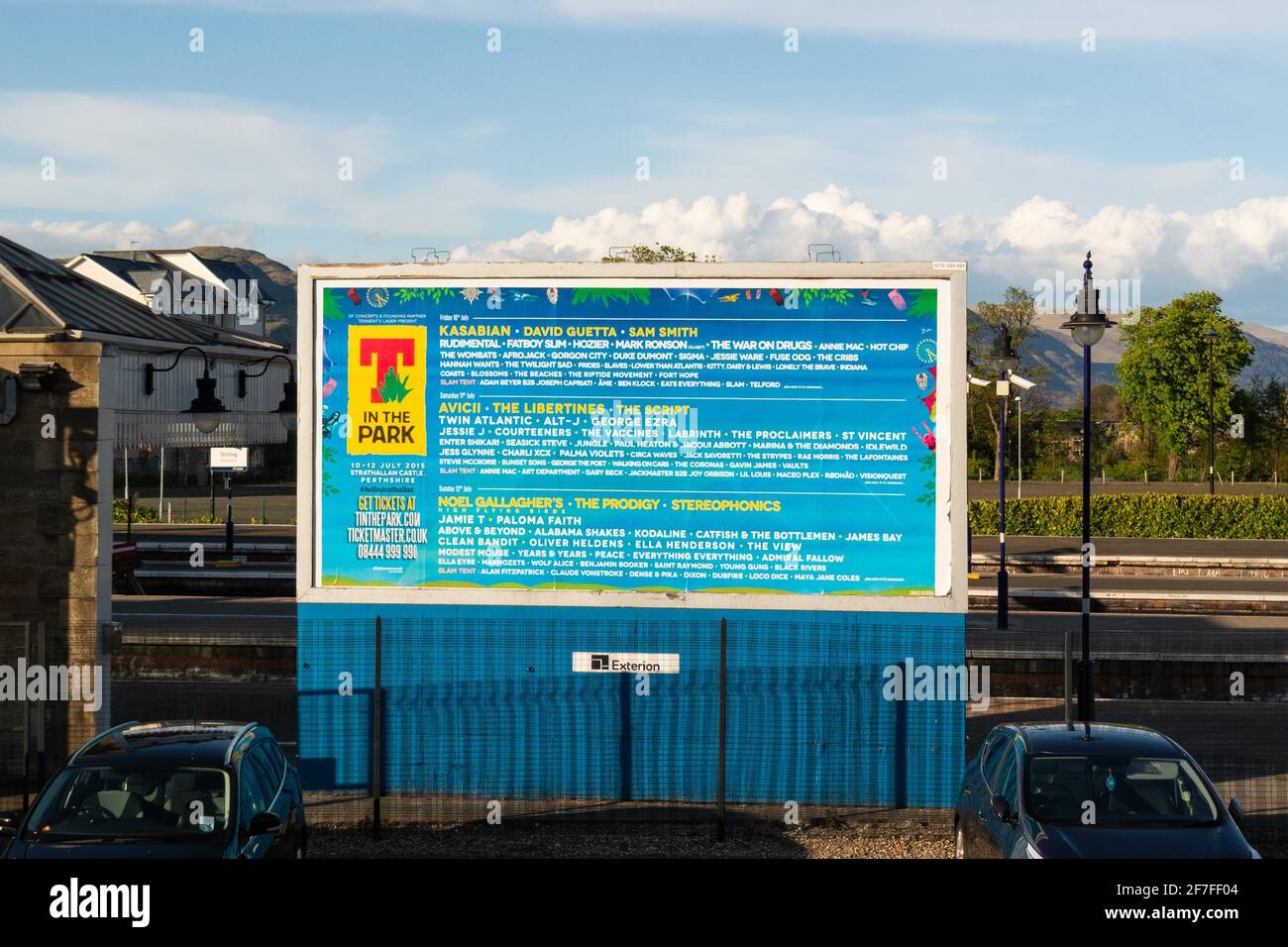 T in the Park 2015 advertising hoarding at Stirling Train Station, Stirling, Scotland, UK Stock Photo