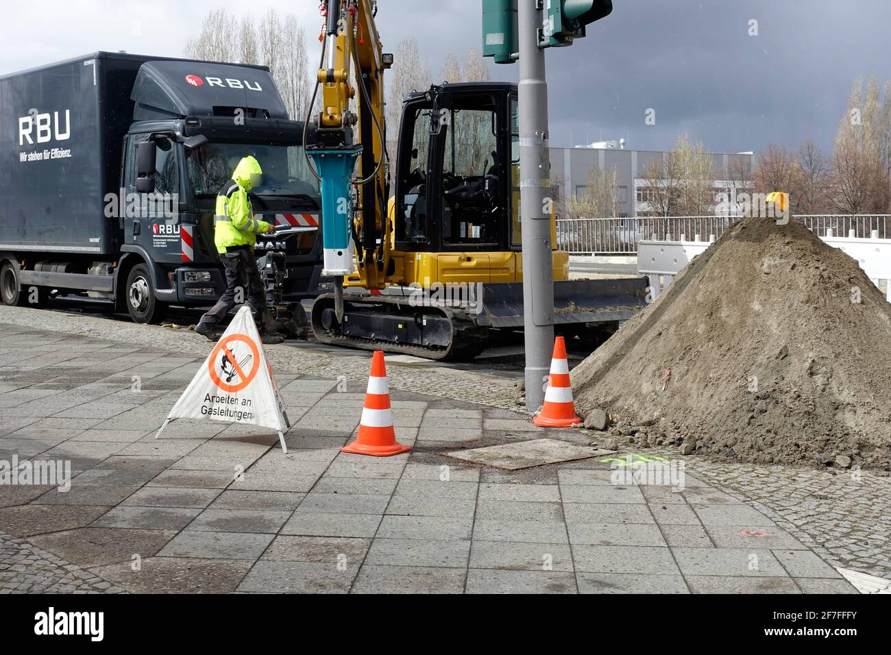 Sign, no open fire, Working on gas pipes, Berlin Stock Photo