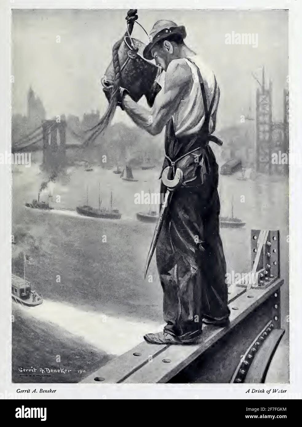 A Drink of Water by Gerrit Beneker. A steeplejack high above the New York skyline stops work to quench his thirst from a bucket of water. Stock Photo