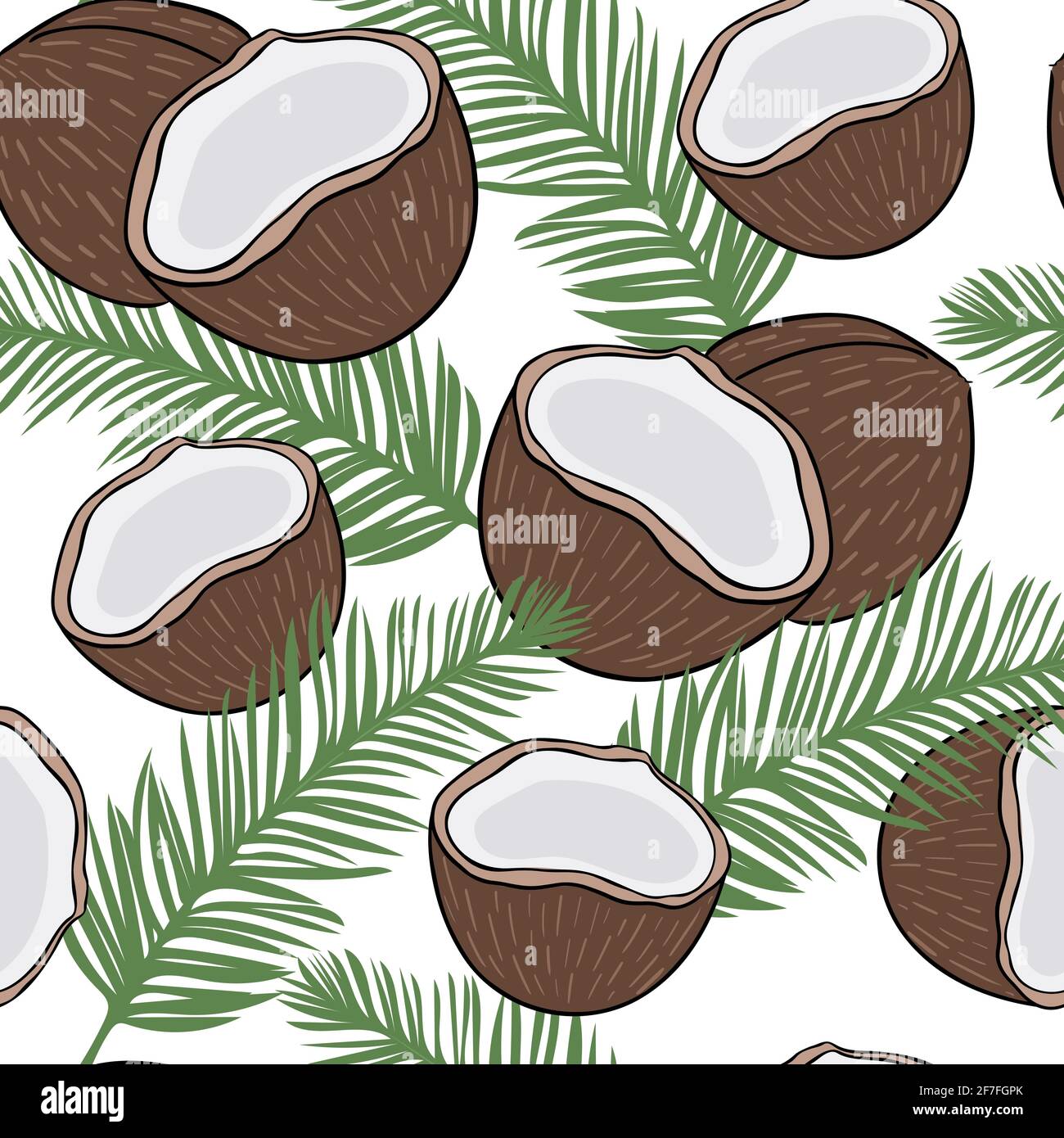 Seamless background with coconuts and palm branches. Solid repeating pattern with exotic fruits. Tropical paradise background for design and packaging Stock Vector