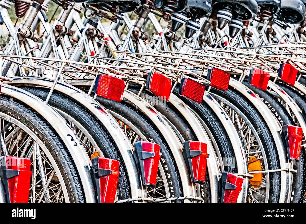 Bikes for rent in a tourist destination; fahrradverleih Stock Photo