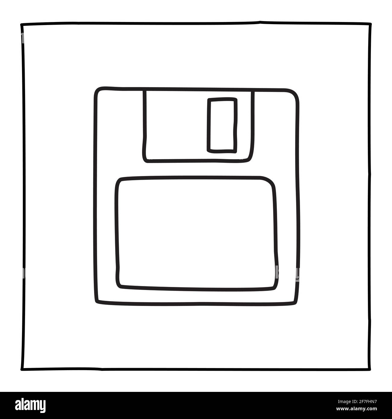 Doodle diskette save icon or logo, hand drawn with thin black line. Stock Vector