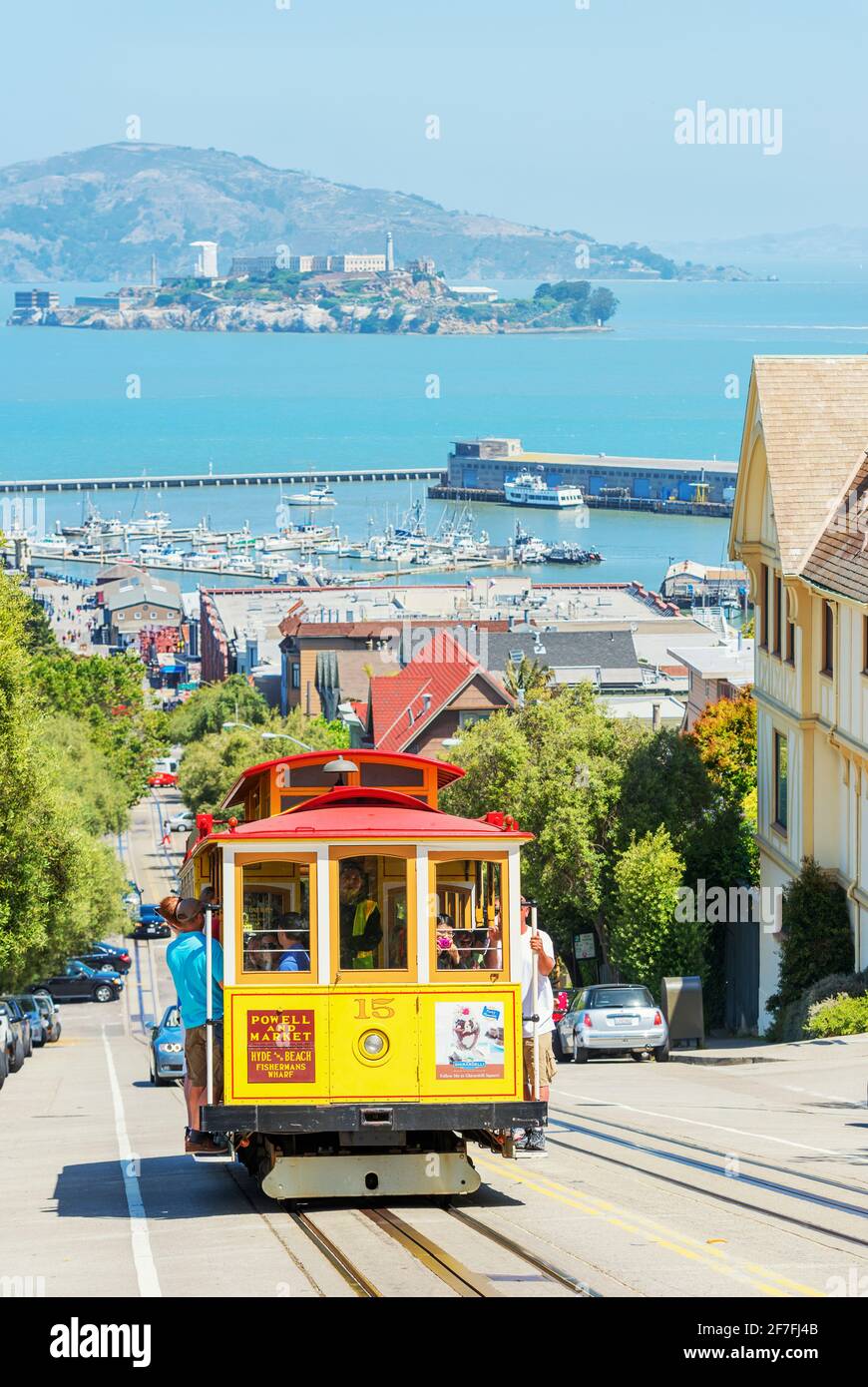 Powell-Hyde line cable car with Alcatraz Island in the background, San Francisco, California, United States of America, North America Stock Photo