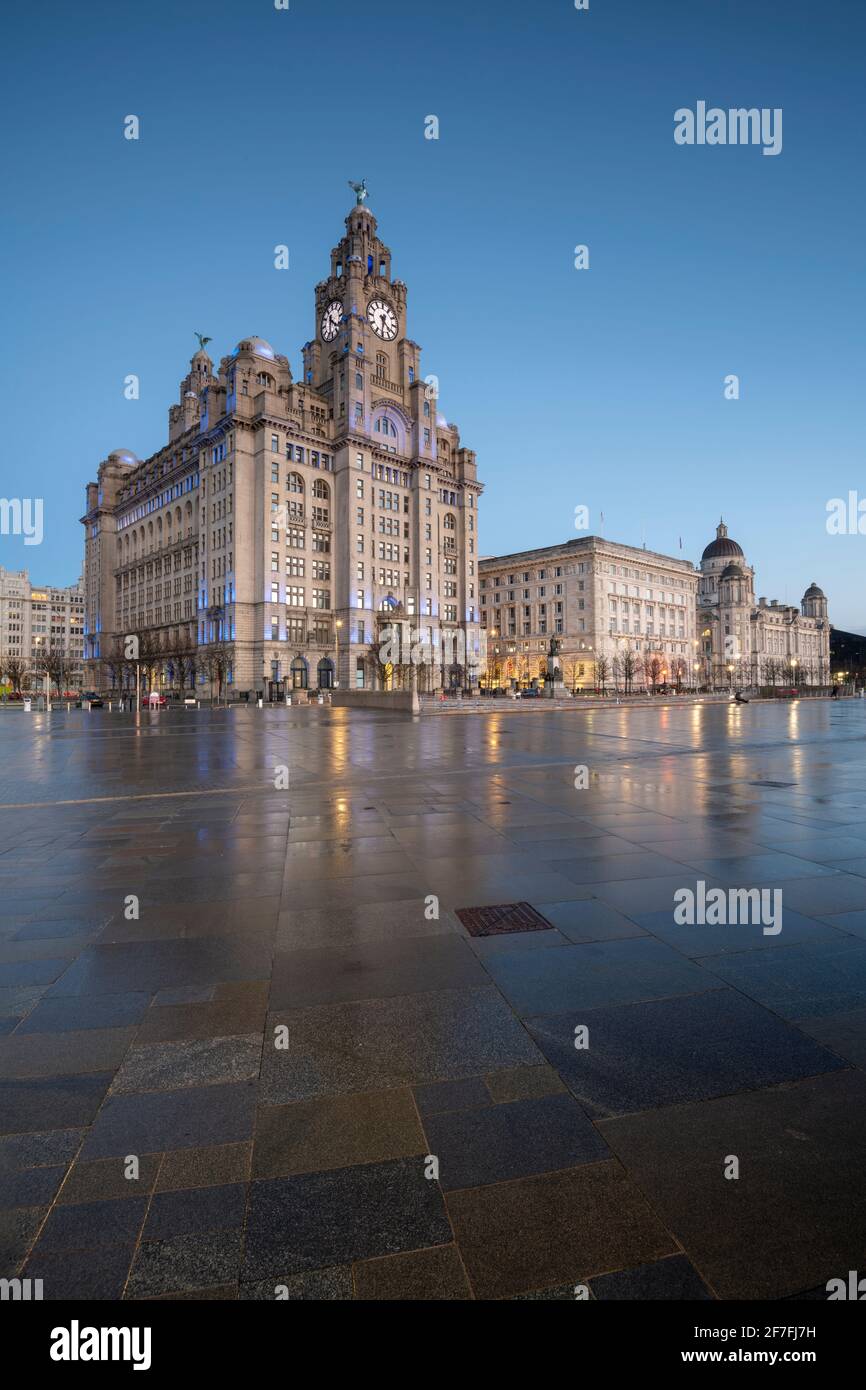 The Three Graces reflected on the Pier Head, UNESCO World Heritage Site, Liverpool, Merseyside, England, United Kingdom, Europe Stock Photo