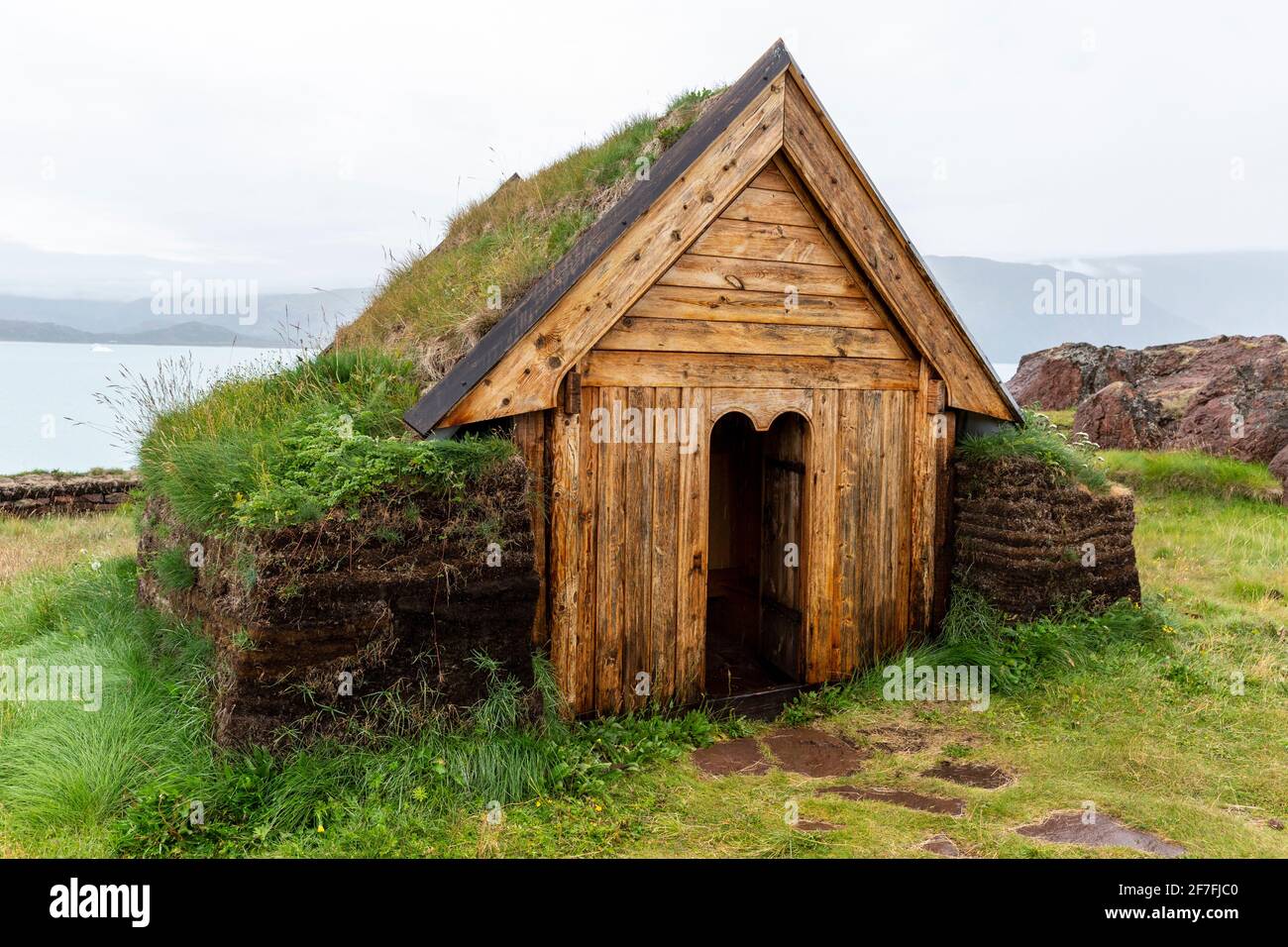 Norse chapel at the reconstruction of Erik the Red's Norse settlement at Brattahlid, southwestern Greenland, Polar Regions Stock Photo