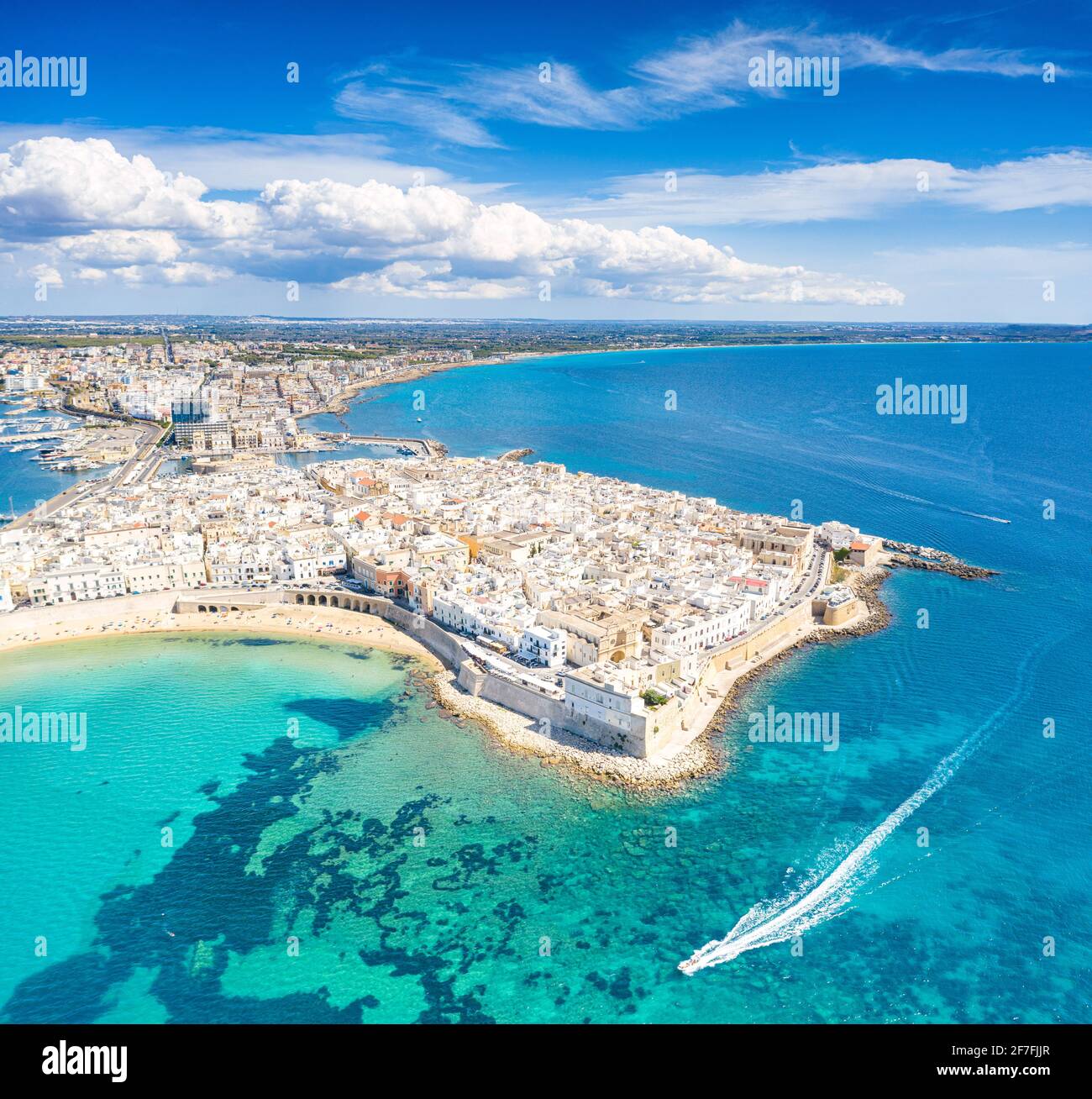 White sand beach washed by the turquoise sea surrounding Gallipoli, aerial view, Lecce province, Salento, Apulia, Italy, Europe Stock Photo