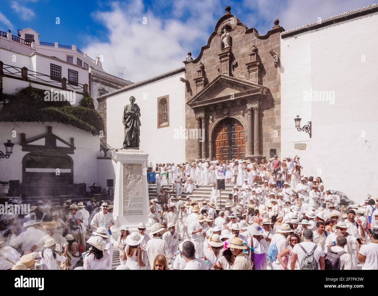 Los Indianos Carnival Party at Plaza de Espana in front of the El Salvador Church, Santa Cruz de La Palma, Canary Islands, Spain, Europe Stock Photo