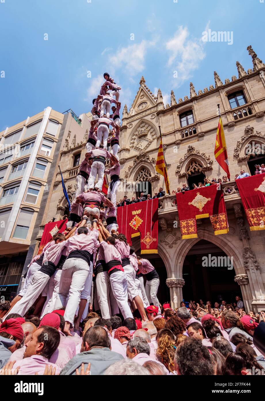 Castell human tower in front of the City Hall during the Festa Major Festival, Terrassa, Catalonia, Spain, Europe Stock Photo