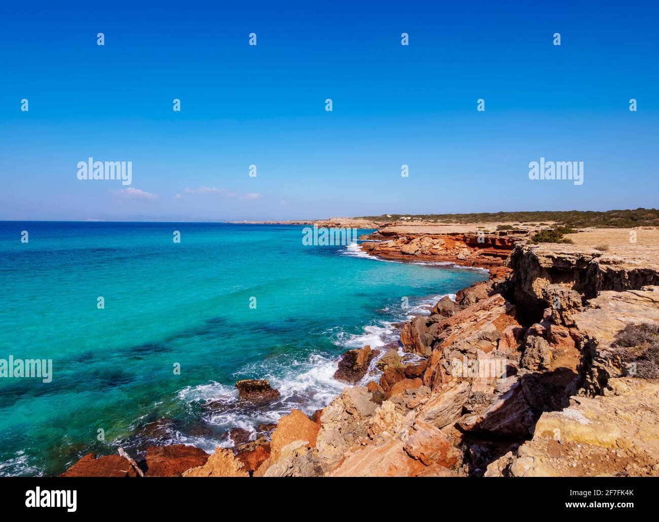 Rocky Coast of Cala Saona, Formentera, Balearic Islands, Spain, Mediterranean, Europe Stock Photo