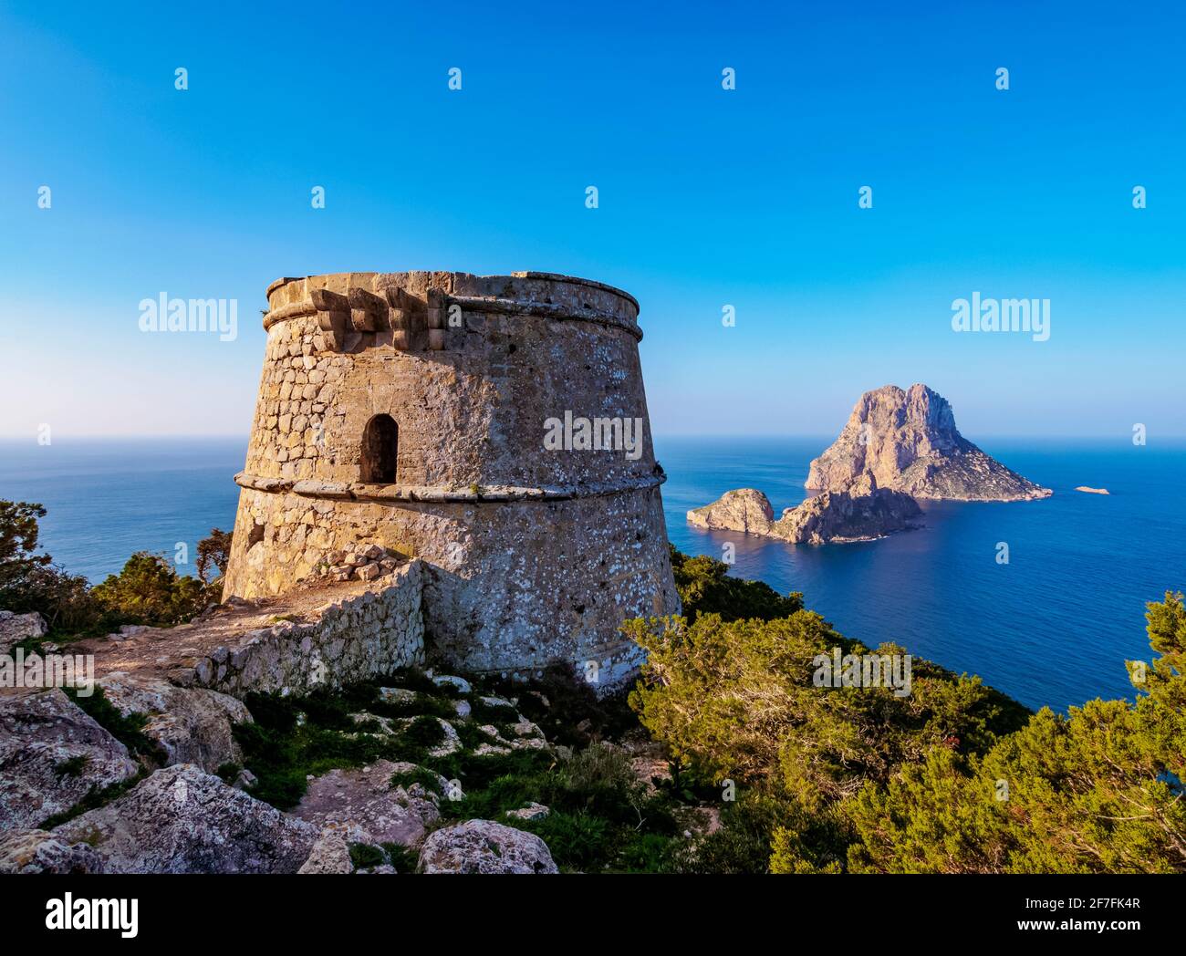 Torre des Savinar and Es Vedra Island, Ibiza, Balearic Islands, Spain, Mediterranean, Europe Stock Photo