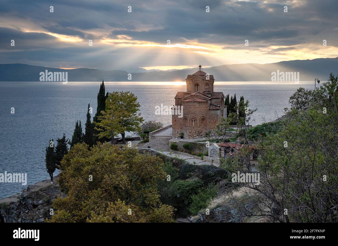 Sunset at Saint John at Kaneo, an Orthodox church situated on the cliff overlooking Lake Ohrid, UNESCO World Heritage Site, Ohrid, North Macedonia Stock Photo