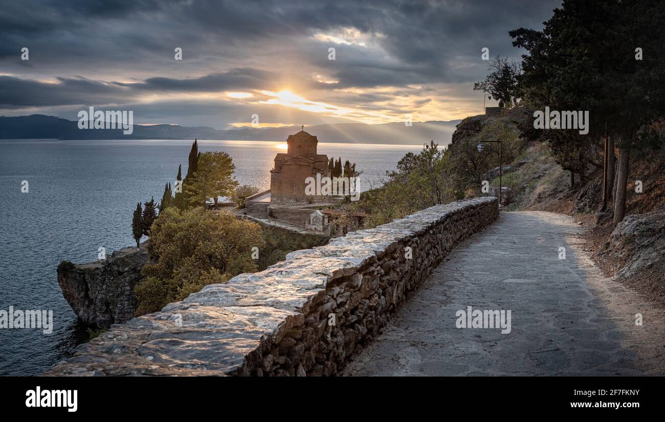 Panoramic at Saint John at Kaneo, an Orthodox church situated on the cliff overlooking Lake Ohrid, UNESCO World Heritage Site, Ohrid, North Macedonia Stock Photo