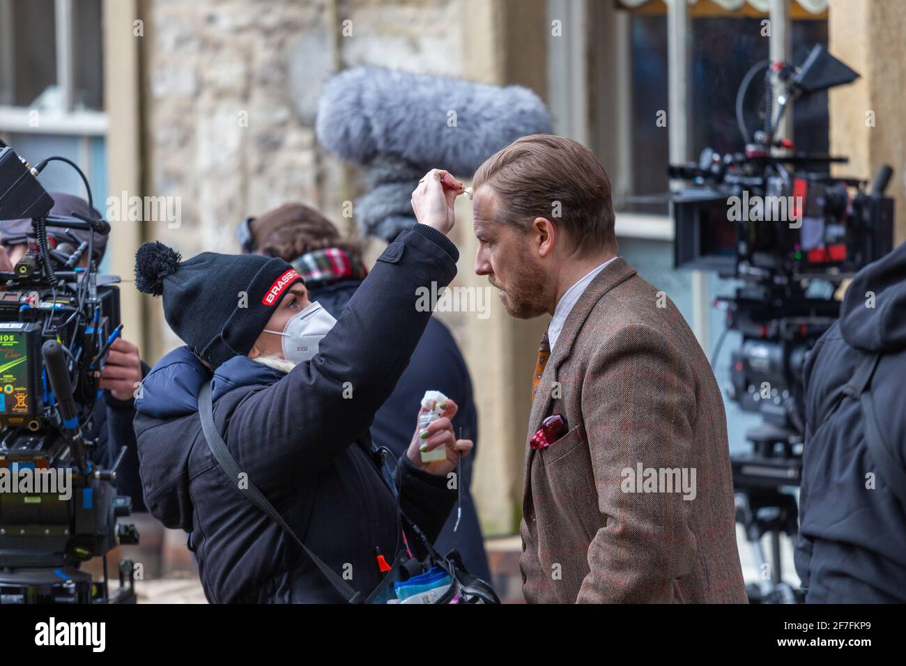 Grassington, UK. 7th April 2021. Samuel West (Siegfried Farnon) during  filming for the second series of the Channel 5 re-make of All Creatures  Great and Small takes place in village of Grassington