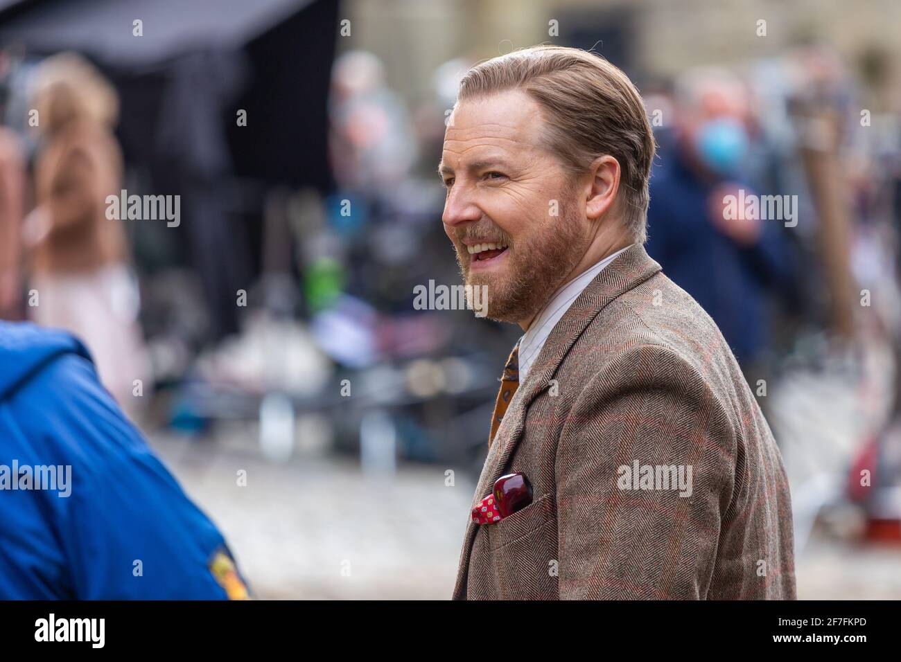 Grassington, UK. 7th April 2021. Samuel West (Siegfried Farnon) during filming for the second series of the Channel 5 re-make of All Creatures Great and Small takes place in village of Grassington in the Yorkshire Dales Nation Park. (Credit: Tom Holmes Photography / Alamy Live News) Stock Photo