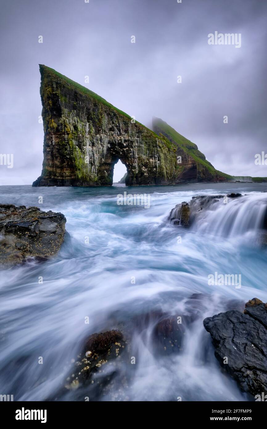 Drangarnir is the most famous natural arch of the whole Faroe Island, Faroe Islands, Denmark, Europe Stock Photo