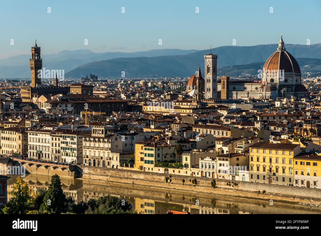 Aerial view in afternoon sun of Florence, UNESCO World Heritage Site, from Piazzale Michelangelo, Tuscany, Italy, Europe Stock Photo