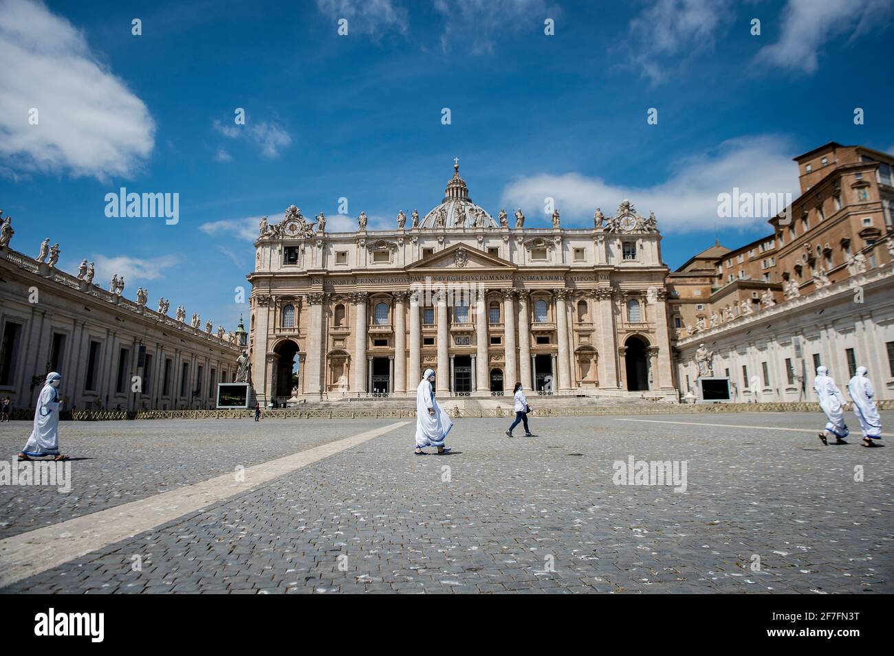 Nuns attend Pope Francis' live streamed Angelus prayer on Saint Peter's Square on May 24 2020 at the Vatican, Rome, Lazio, Italy Stock Photo