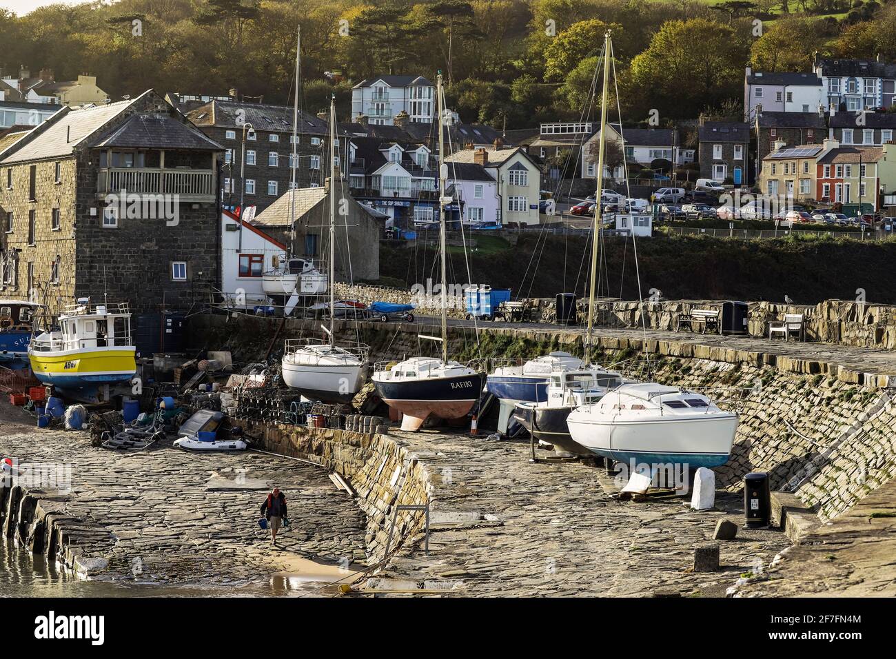 View from harbour to this popular town for commercial fishing, dolphin watching and tourism, New Quay, Ceredigion, Wales, United Kingdom, Europe Stock Photo
