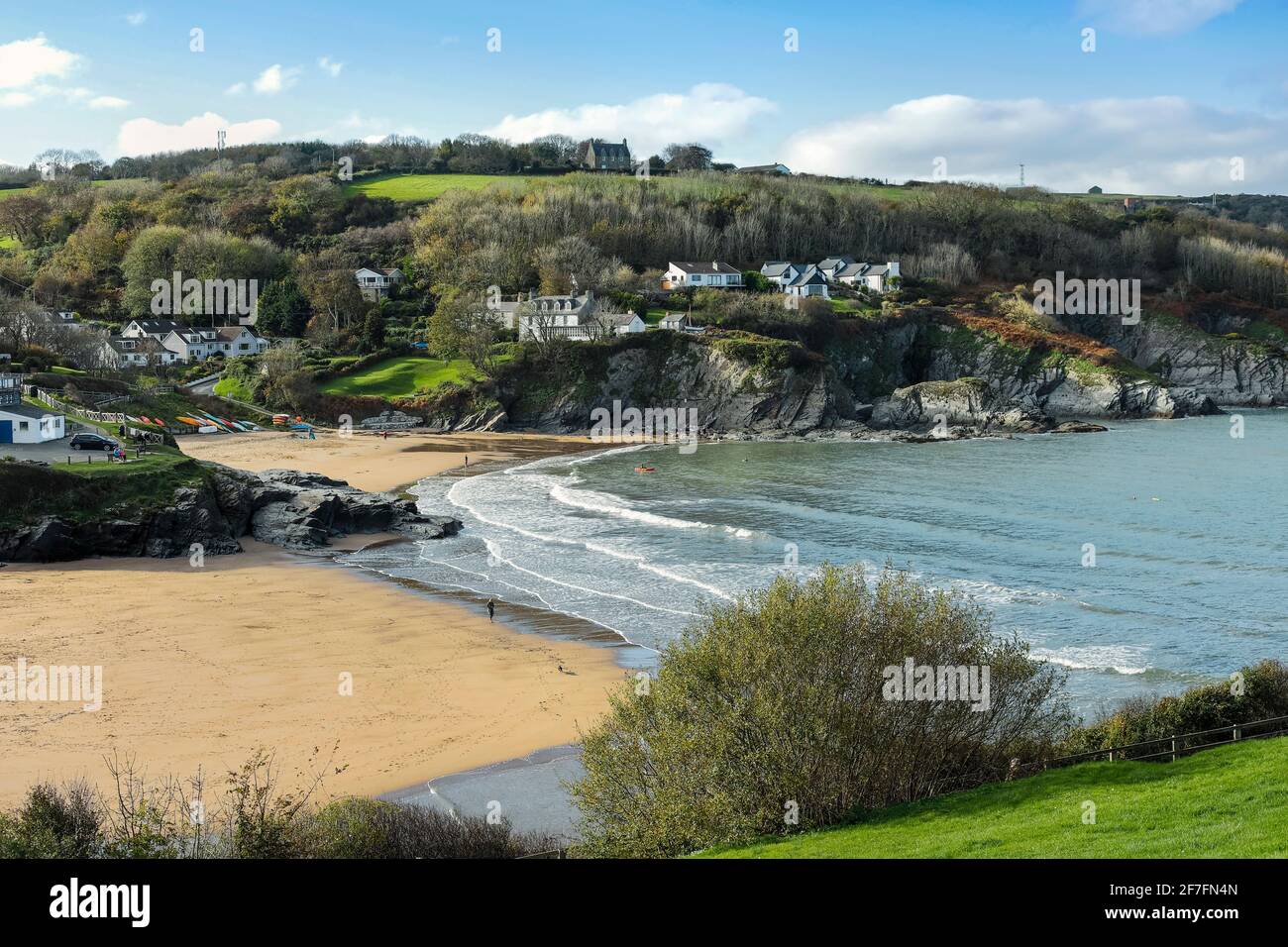 The two town beaches on Aberporth Bay at this small town and former herring fishing harbour, Aberporth, Ceredigion, Wales, United Kingdom, Europe Stock Photo