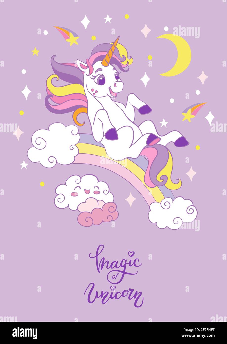 Cute cartoon unicorn rolling down the rainbow. Vector vertical illustration  on purple background. For party, print, baby shower, wallpaper, design, de  Stock Vector Image & Art - Alamy