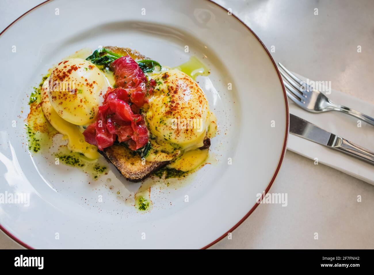 Close up fresh egg Benedict with smoked salmon Stock Photo