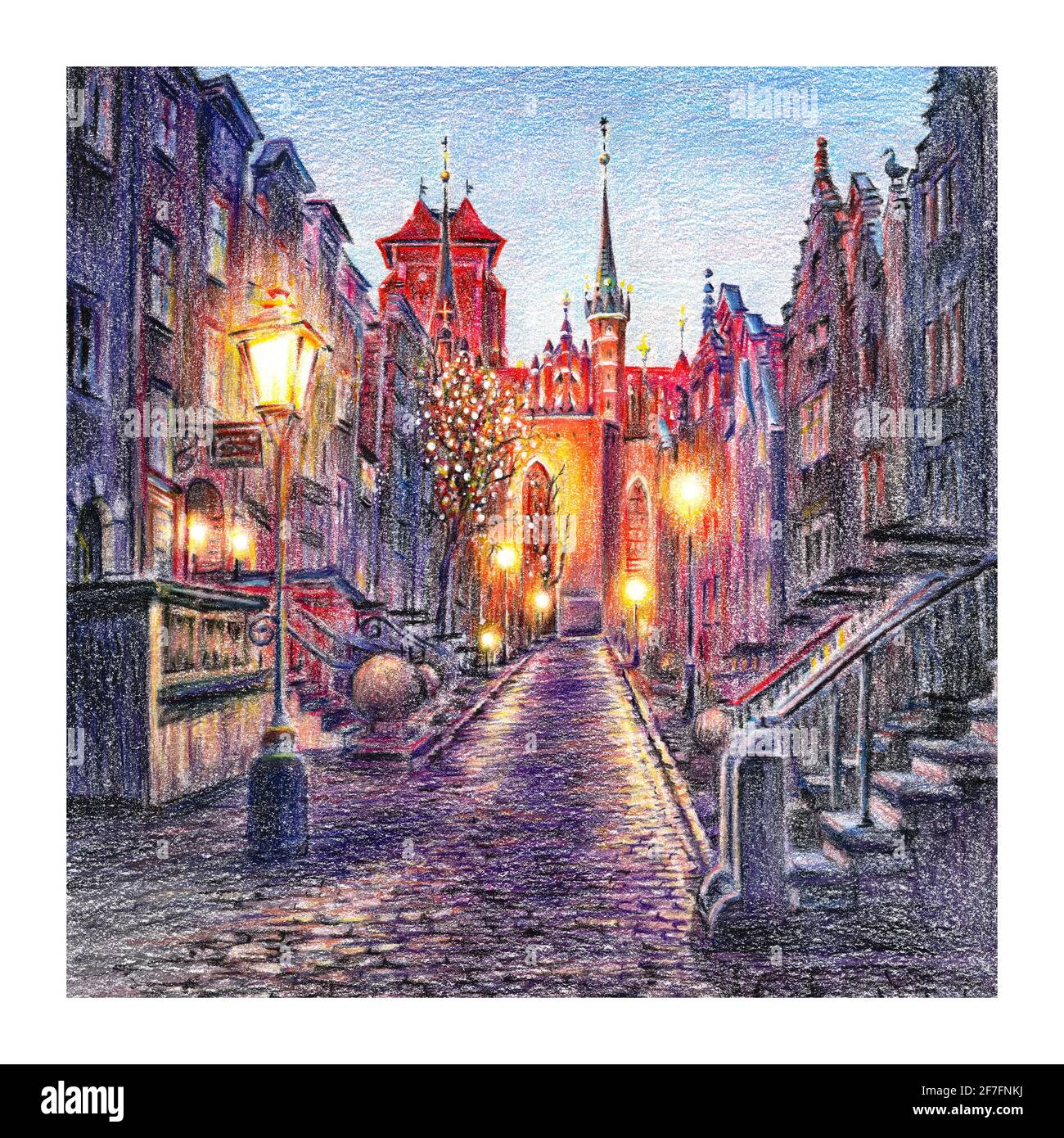 Coplored pencils sketch of night street Mariacka, St Mary street in Gdansk Old Town, Poland Stock Photo