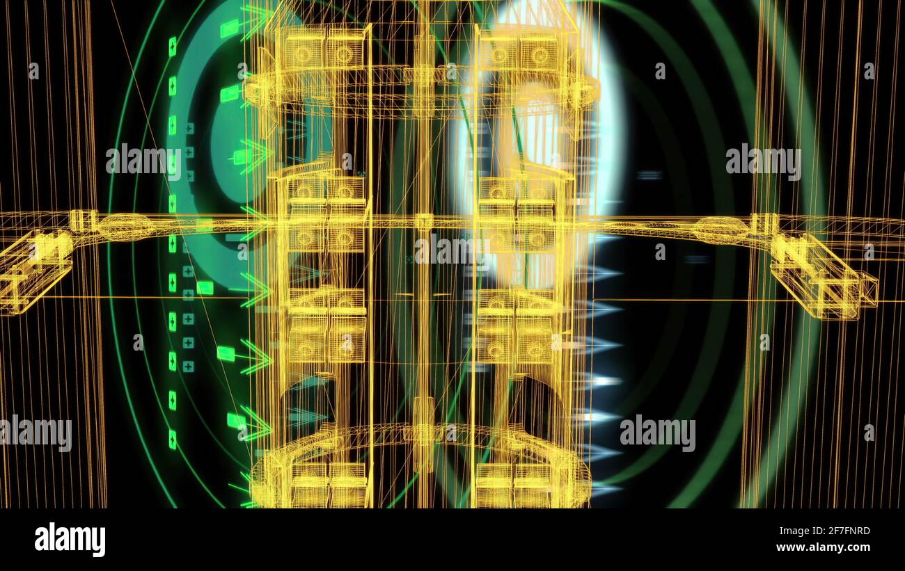 3d rendering wire frame model of industrial buildings and HUD Element