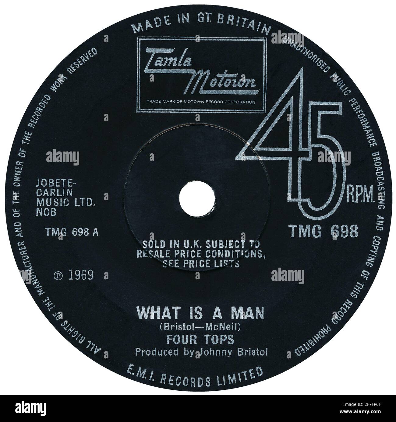 45 RPM 7' UK record label of What Is A Man by the Four Tops on the Tamla Motown label from 1969. Stock Photo