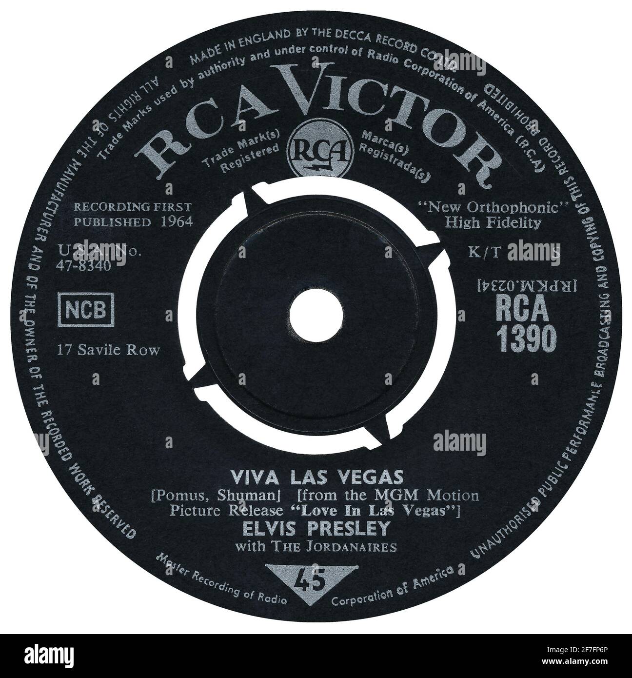 45 RPM 7' UK record label of Viva Las Vegas by Elvis Presley. Written by Doc Pomus and Mort Shuman. Released on the RCA Victor label in March 1964. Stock Photo