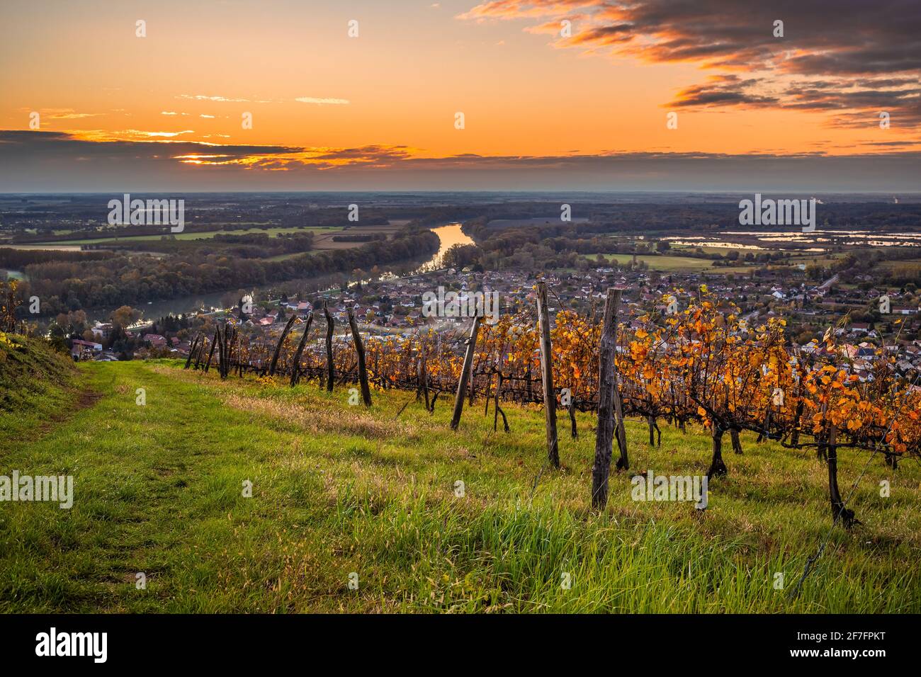 Tokaj, Hungary - The world famous Hungarian vineyards of Tokaj wine region with beautiful green grass and colorful sky at sunrise taken on a warm, gol Stock Photo