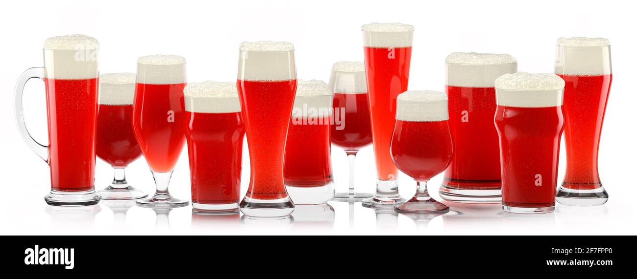 Set of fresh draft beer glasses with bubble froth isolated on white