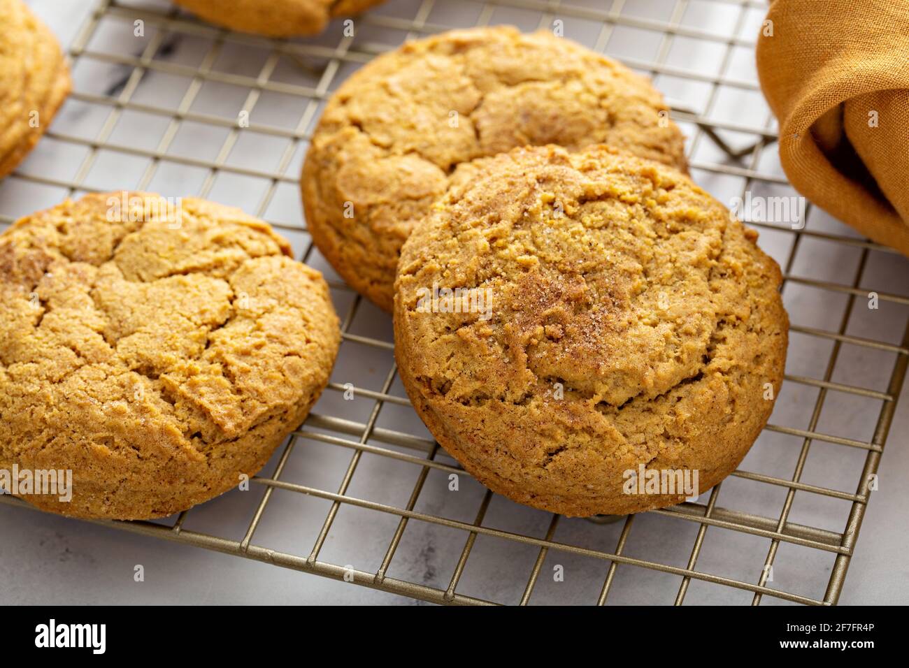 Soft pumpkin cookies on a cooling rack, fall baking Stock Photo