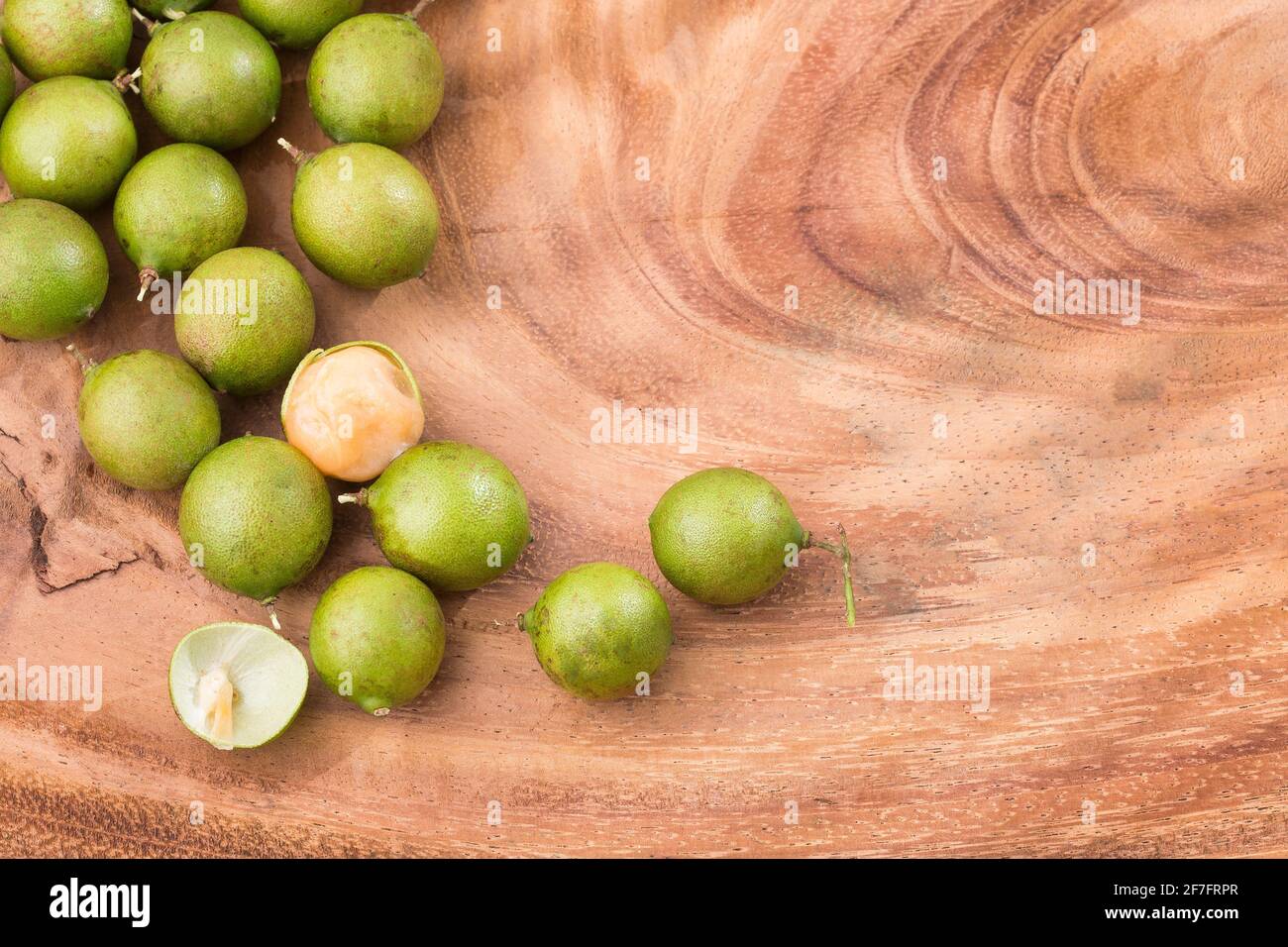 Fresh ripe peeled quenepa fruit Melicoccus bijugatus. Top view Stock