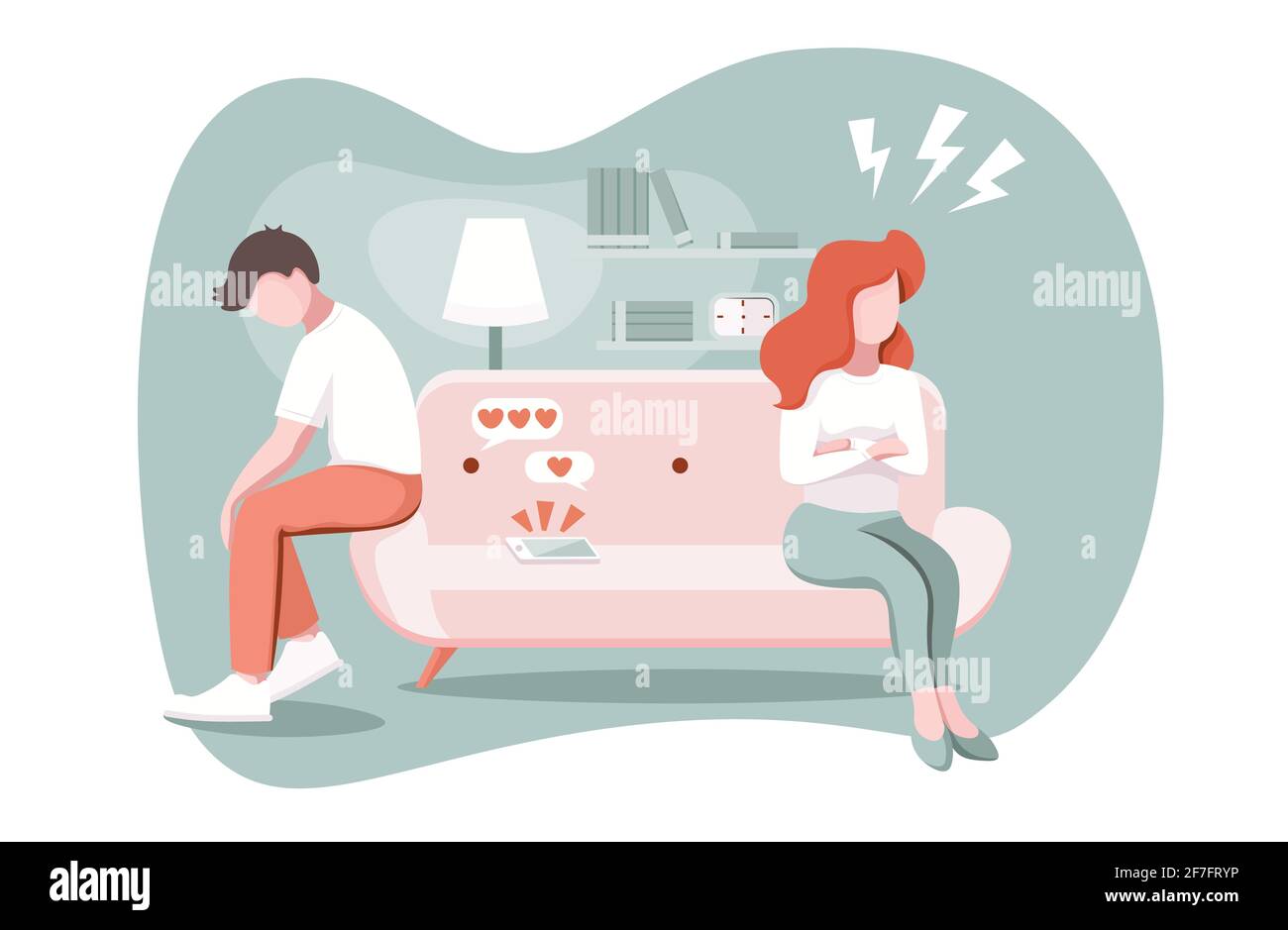 Divorce, breakup, ignore concept. Married couple argument, man and woman in a quarrel and misunderstanding, ignore each other in apartment. Suspicion Stock Vector