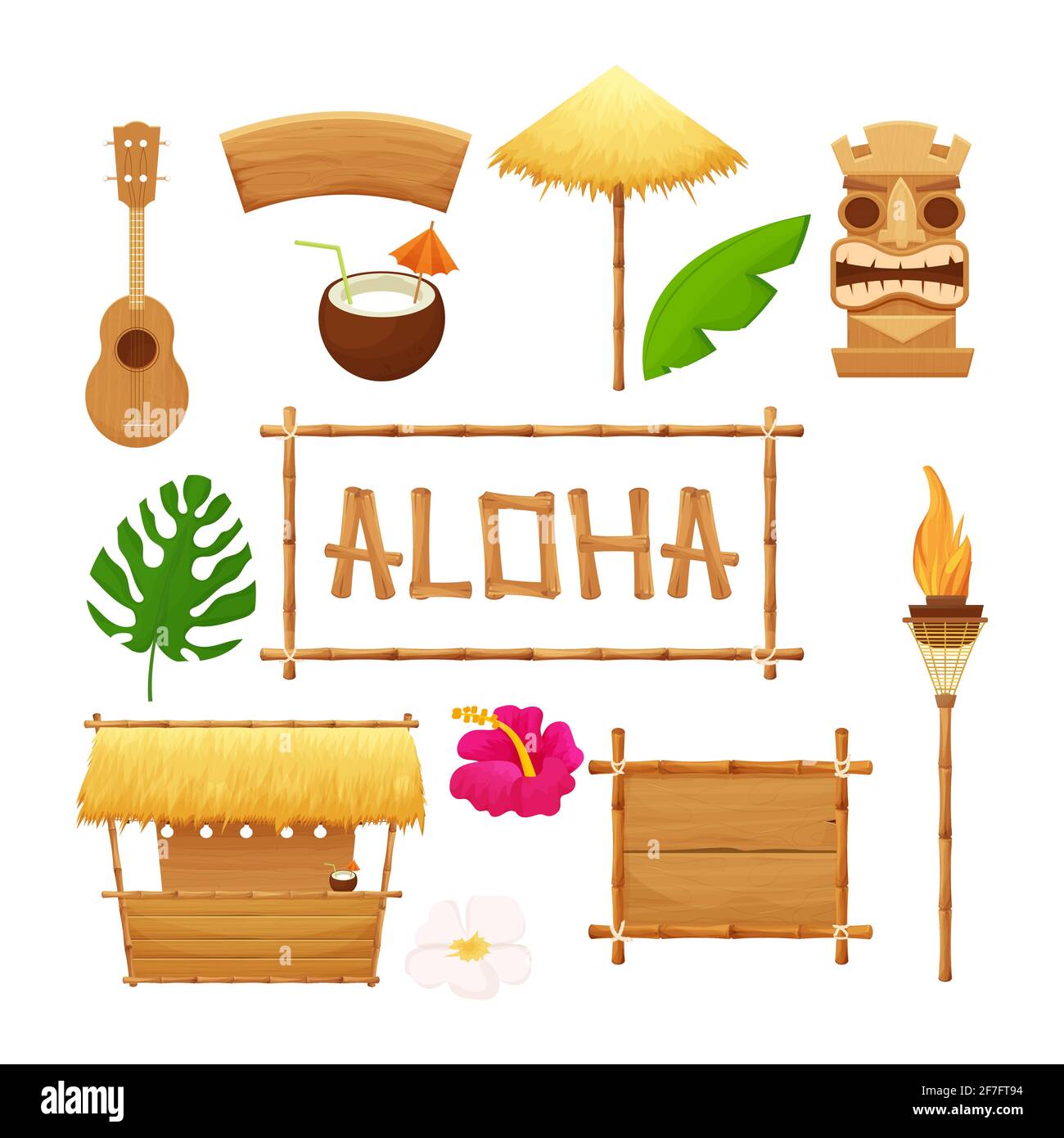 Hawaiian set holiday traditional elements in cartoon style isolated in  white background. Beach bar with straw,