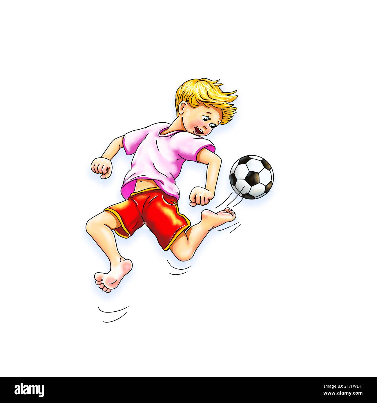 Soccer boy playing barefoot jumps kicks ball away jump youth club youth sport final Champions League child children active table football movement Stock Photo