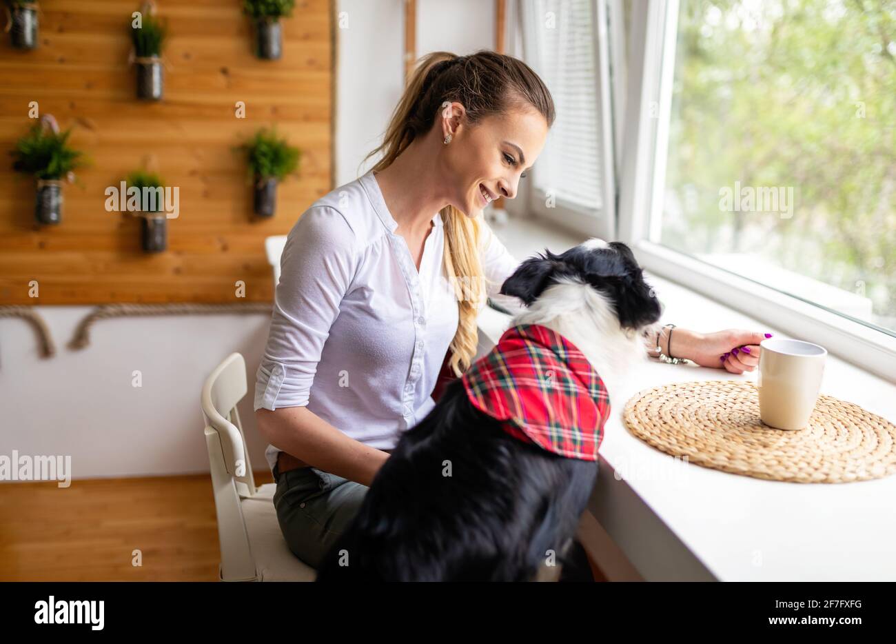 Portrait of happy woman with her dog at home Stock Photo - Alamy