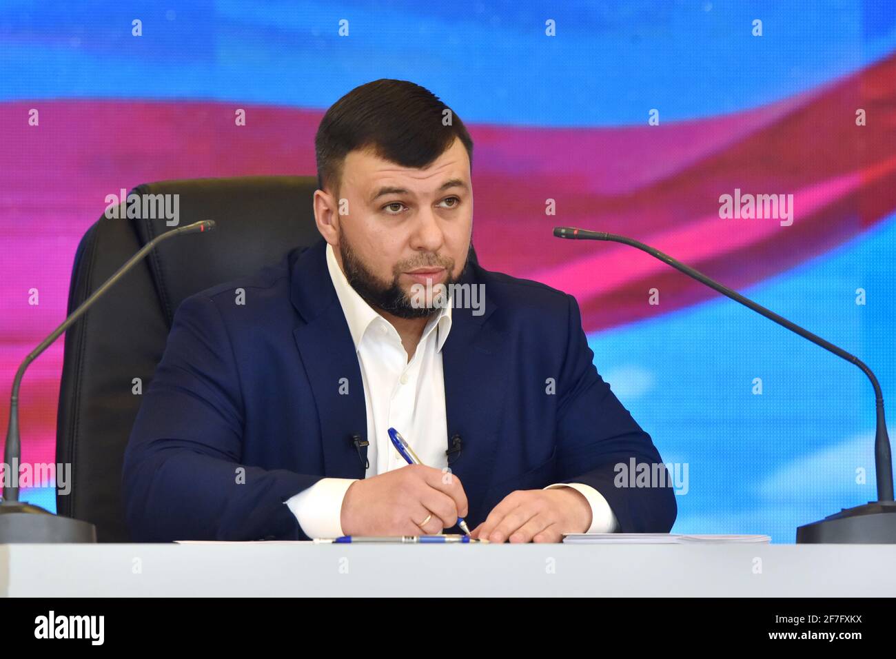 Donetsk, Ukraine. 7th Apr, 2021. Denis Pushilin, Head of the Donetsk  People&#39;s Republic, gives a press