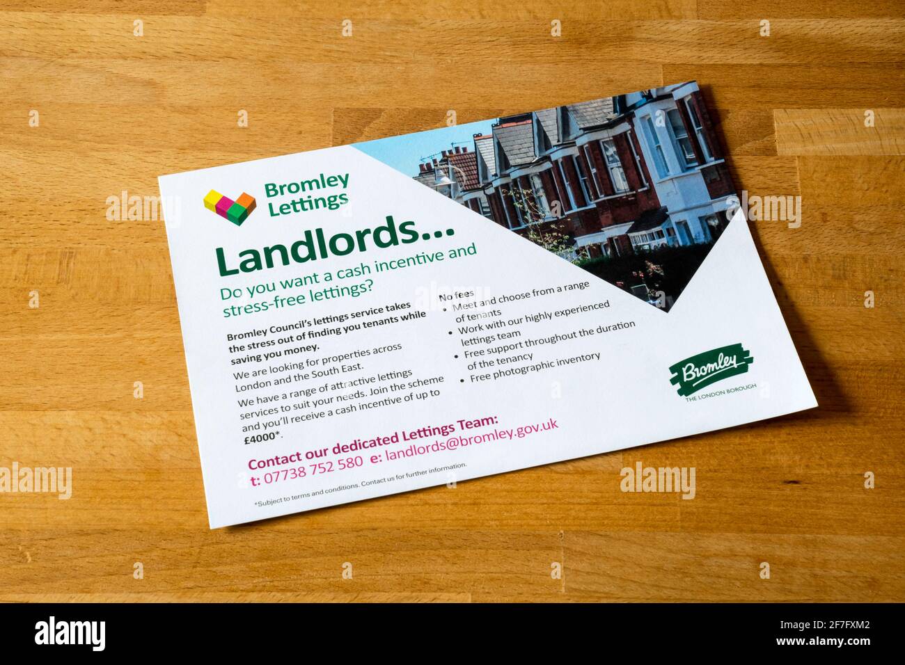 A leaflet advertising the lettings service for private landlords of Bromley Council. Stock Photo