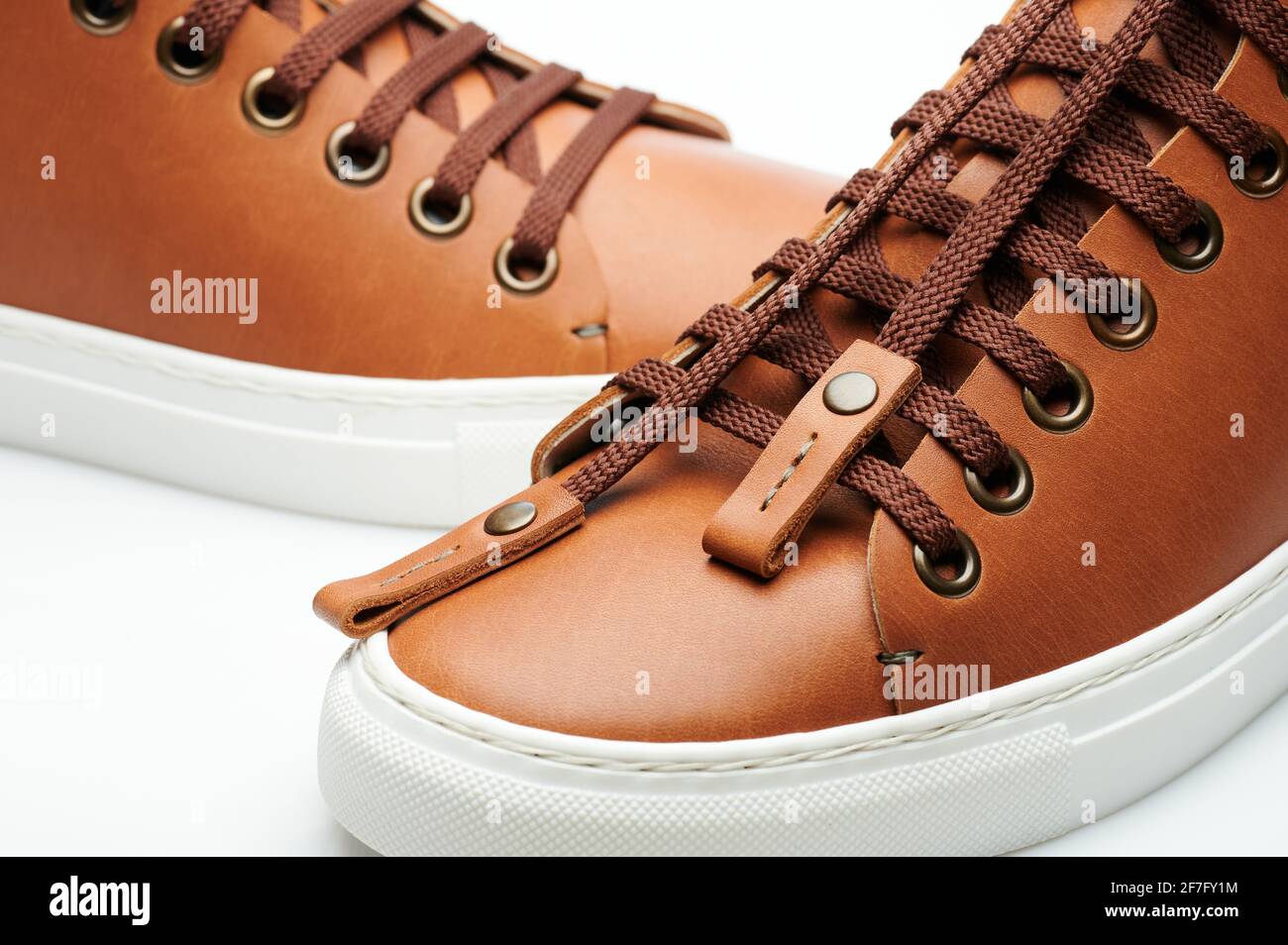 Laces on brown sneakers front view close up Stock Photo