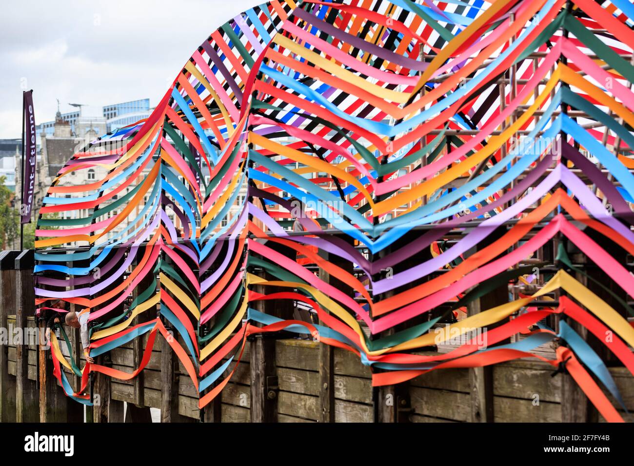François Dumas and Lisa White 'Gateway to Inclusion' ribbon and steel installation, at Oxo Tower, part of London Design Week, Design Junction Biennale Stock Photo