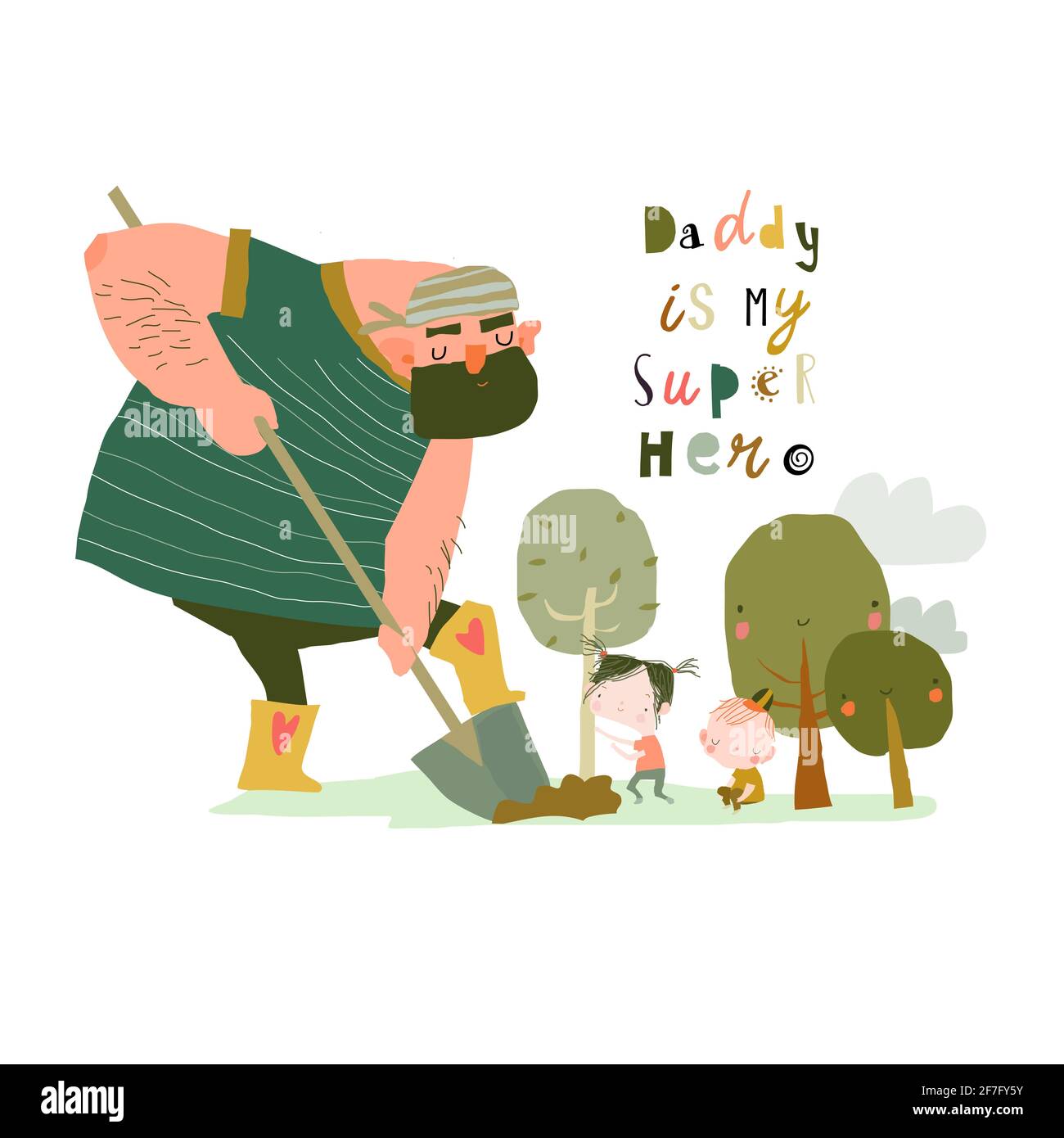 Father planting the trees with his children Stock Vector