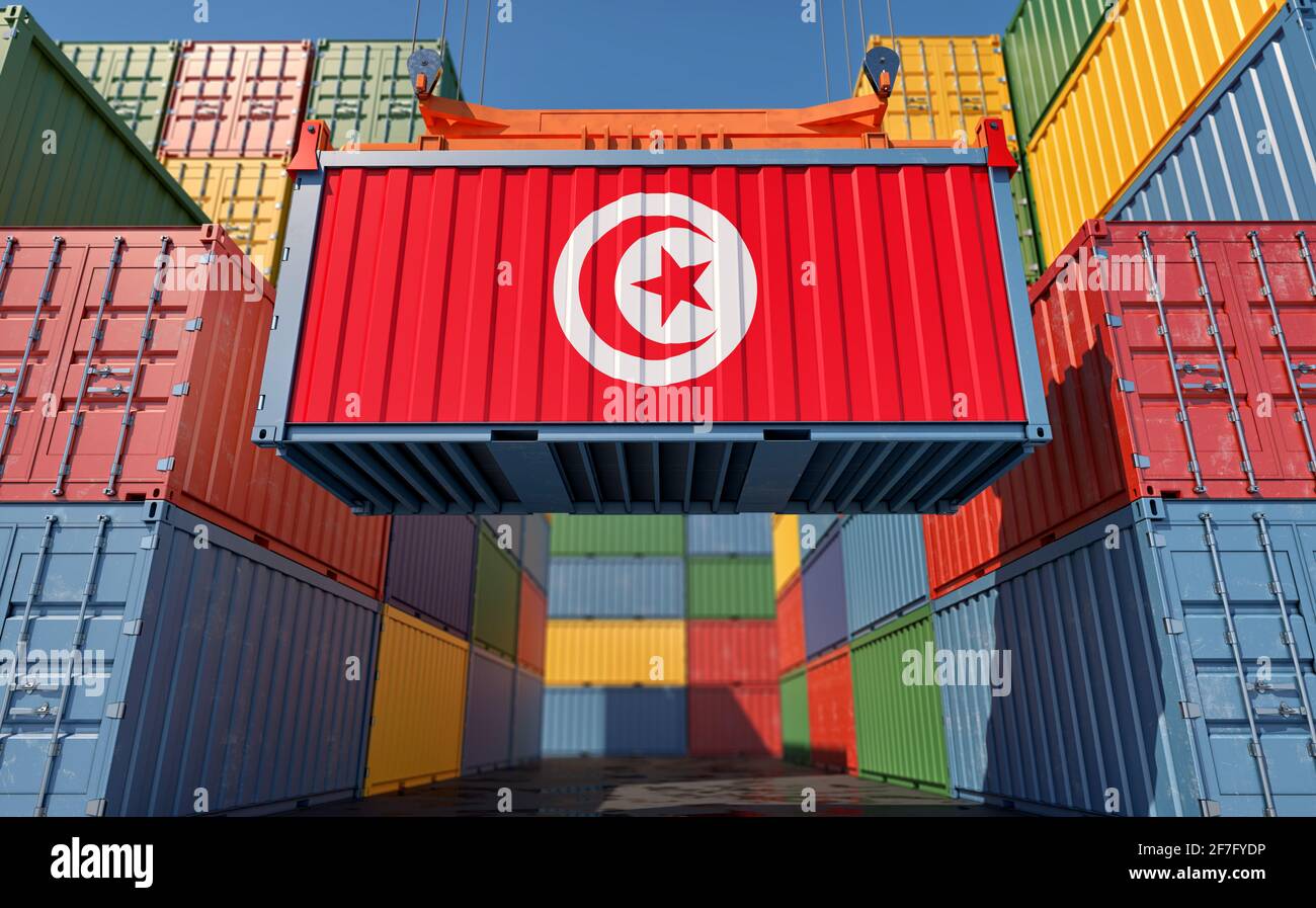 Container Terminal. Shipping Container with Tunisia flag - 3D Rendering