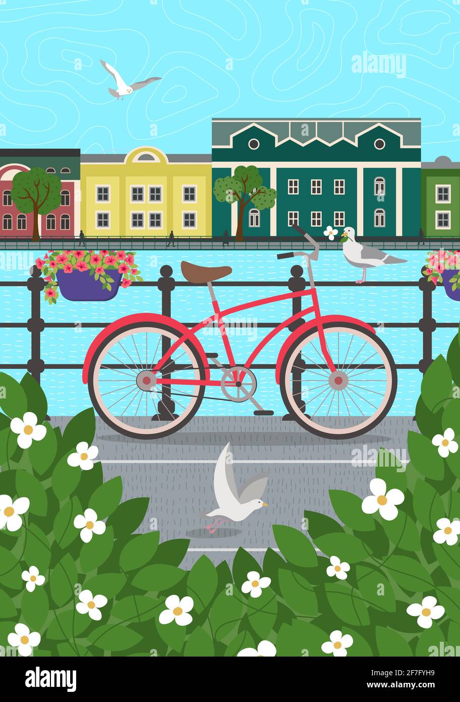 Old town embankment on water poster. Green bush thickets, bicycle by fence and flying seagulls over river. European city architecture and street background. Vector colorful card or banner illustration Stock Vector