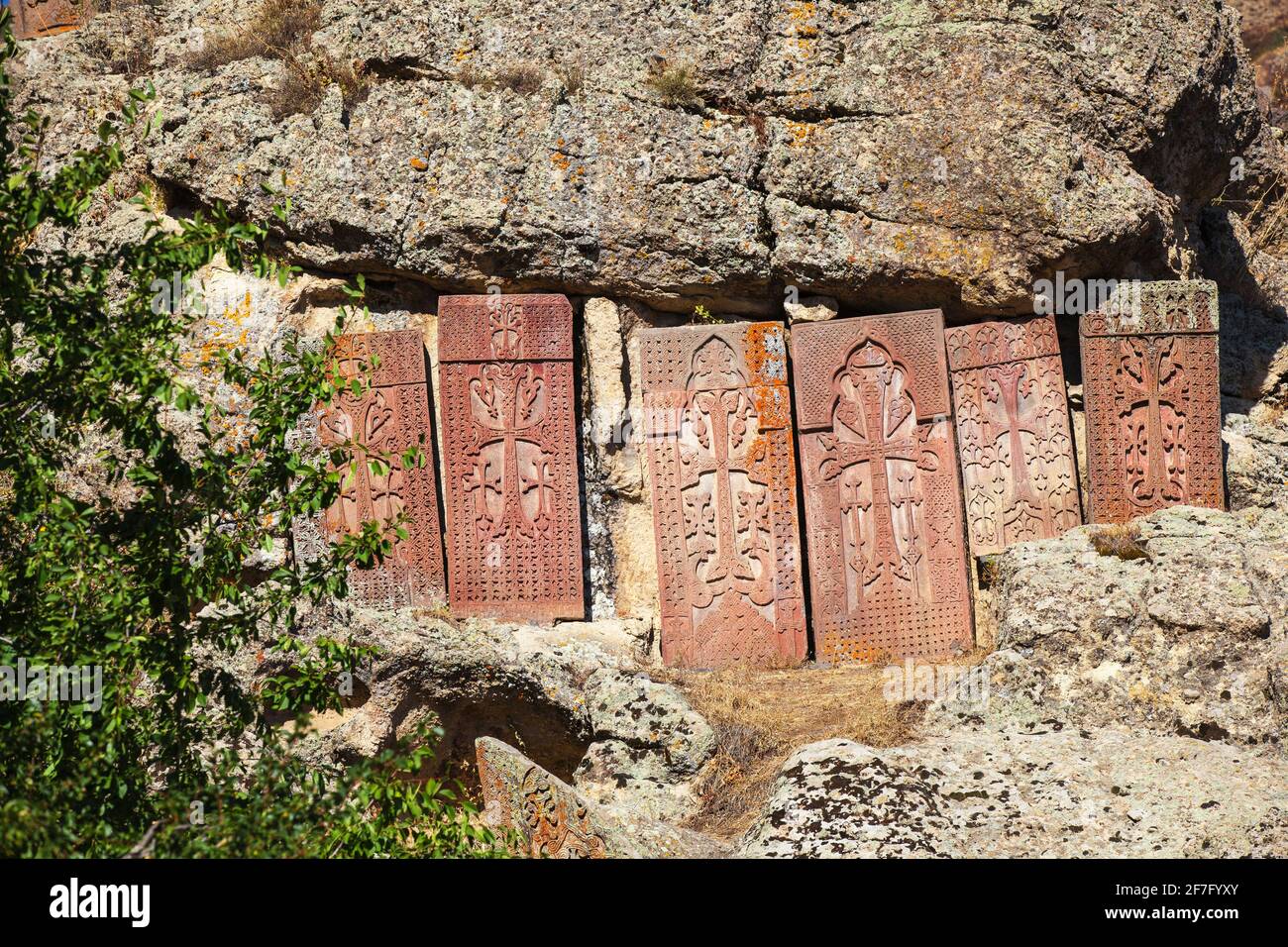 Armenia, Yerevan, Geghard, Khachkars at Geghard Monastery Stock Photo