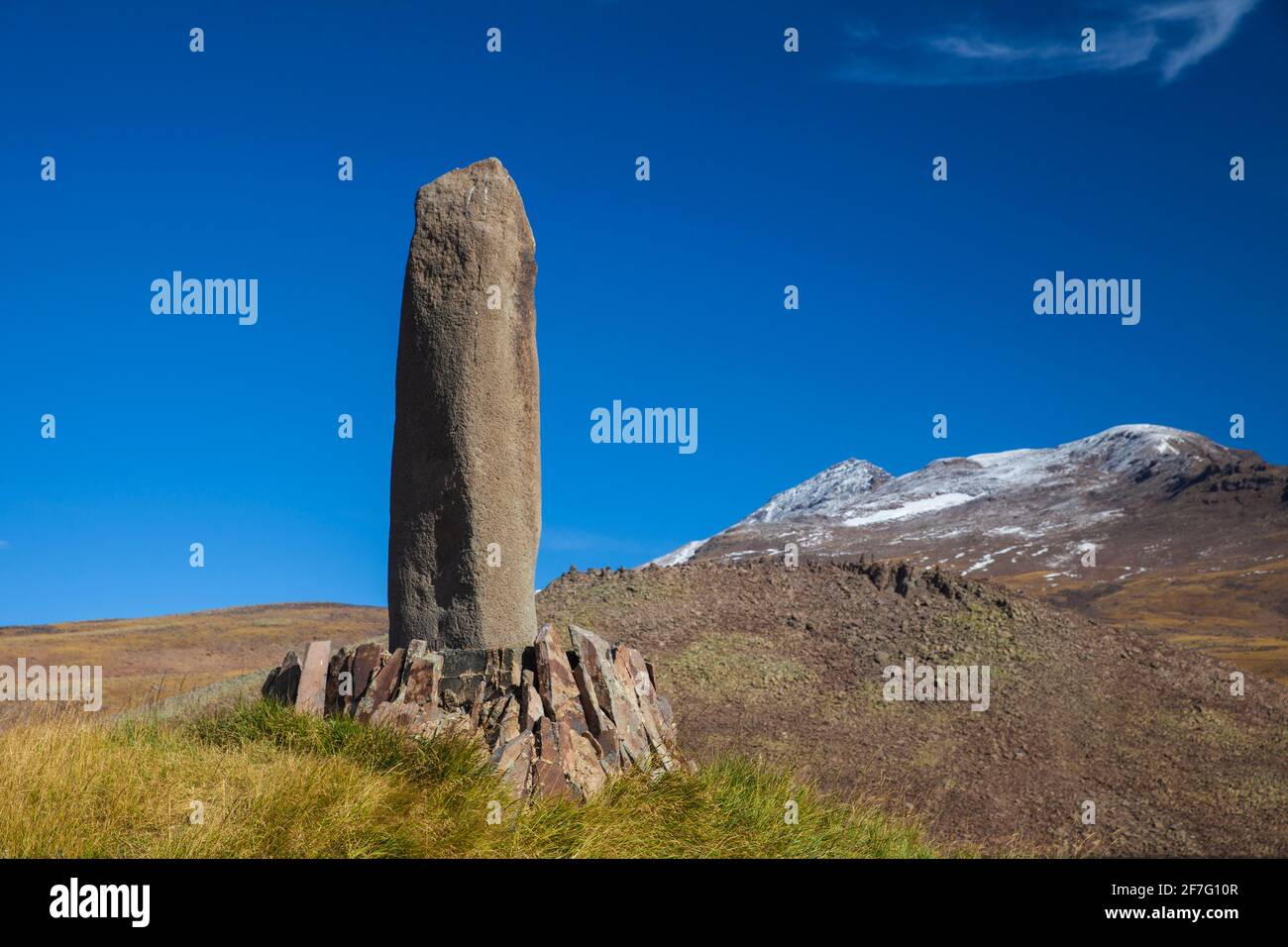 Armenia, Aragatsotn, Phallic stone at Kari Lake situated at the base of Mount Aragats Stock Photo