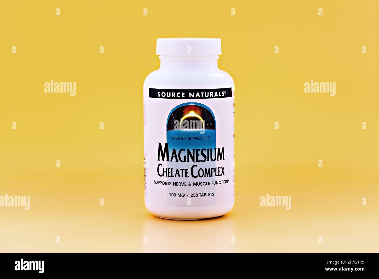 close-up of Magnesium Chelate Complex tablets in the jar. dietary concept. dietary supplement Stock Photo