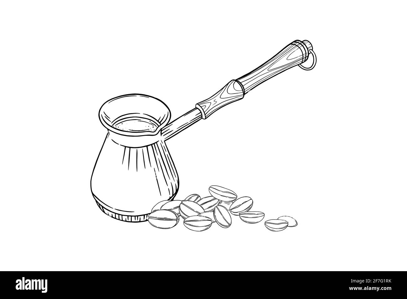 Turkish coffee pot with beans. Side view of cezve pot with arabic coffee beans isolated in white background. Black and white engraved vector Stock Vector