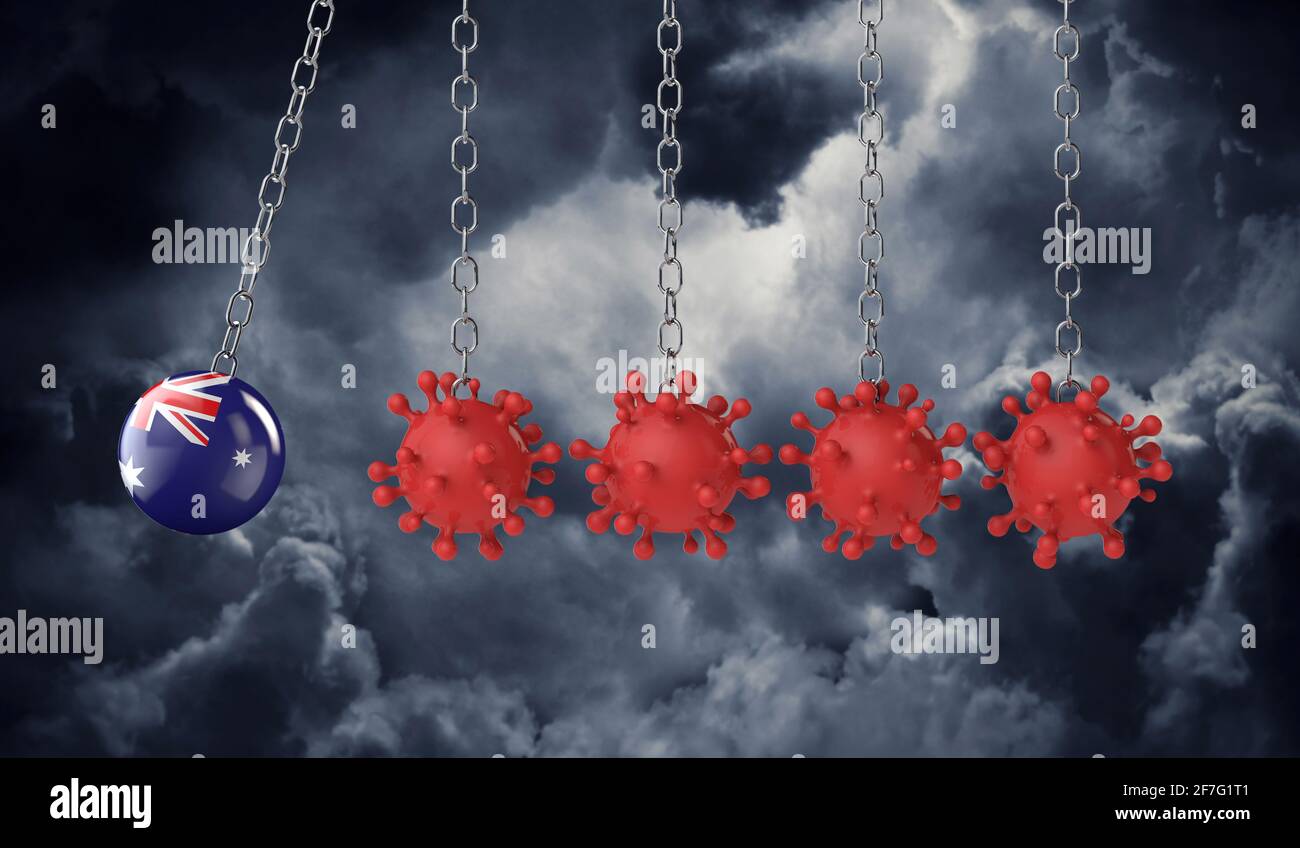 Australia flag ball hits into a line of coronavirus molecules. 3D Rendering Stock Photo