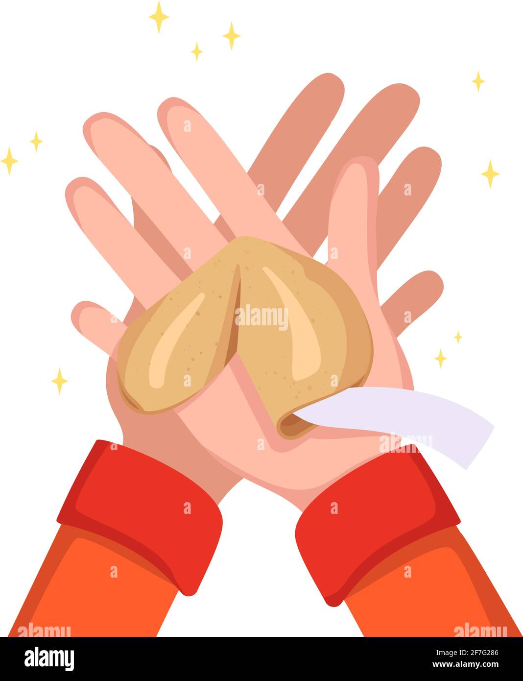 Hands hold Chinese fortune cookies. Pastries with white templates, pieces of paper for good luck. Sweets for the new year, gift or holiday Stock Vector
